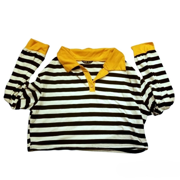 Cropped black and white striped long sleeve shirt with yellow collar - Picture 1 of 1